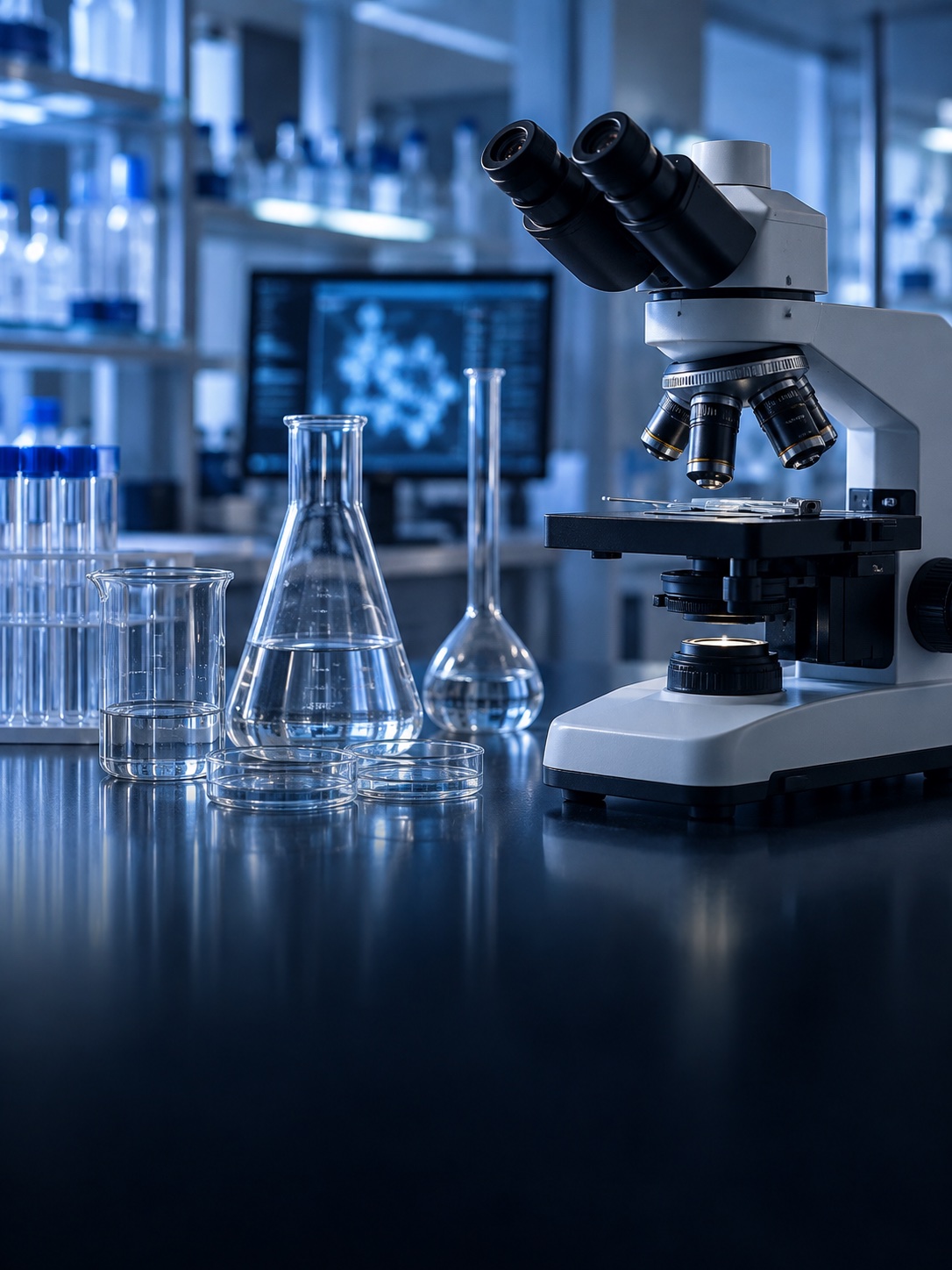 Microscope and glassware in a research laboratory